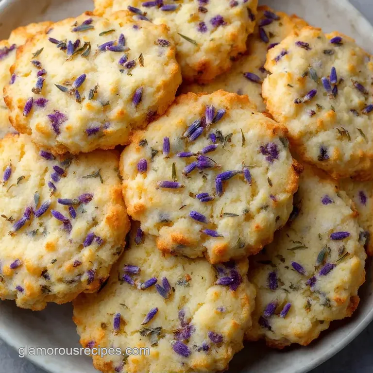 A neat stack of buttery, pale cookies topped with a sprig of fresh lavender on a polished white ceramic plate.