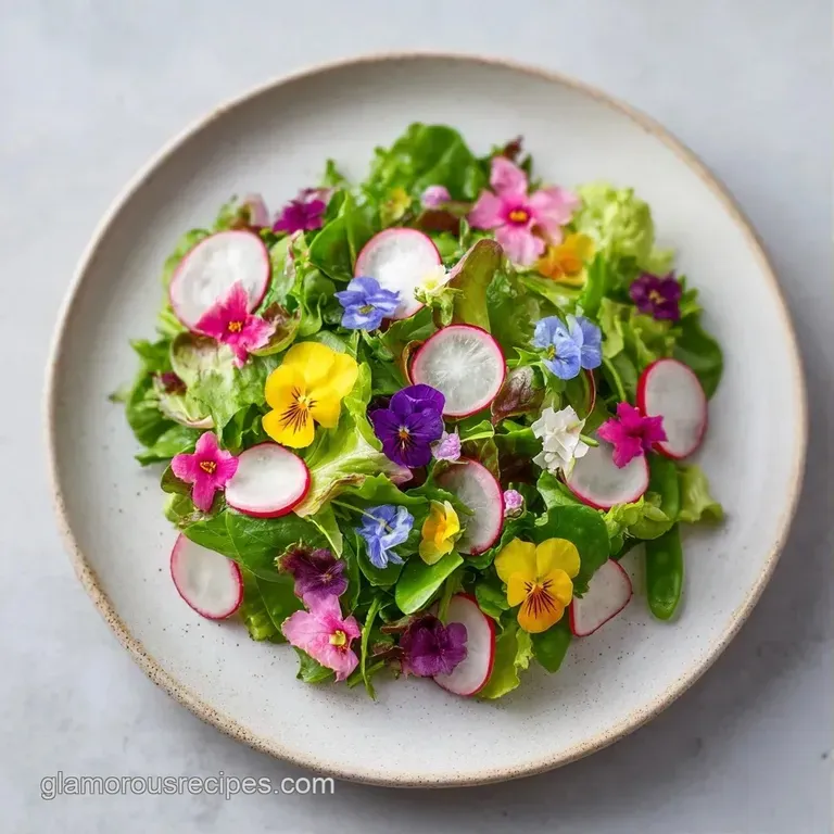 Fresh green herbs and colorful floral petals arranged artfully on a white plate with a drizzle of clear dressing