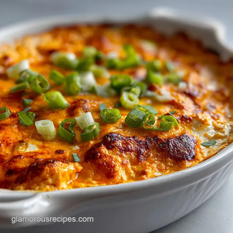 Creamy buffalo chicken dip in a cast iron skillet, garnished with fresh chives, alongside crisp celery sticks and blue cor...