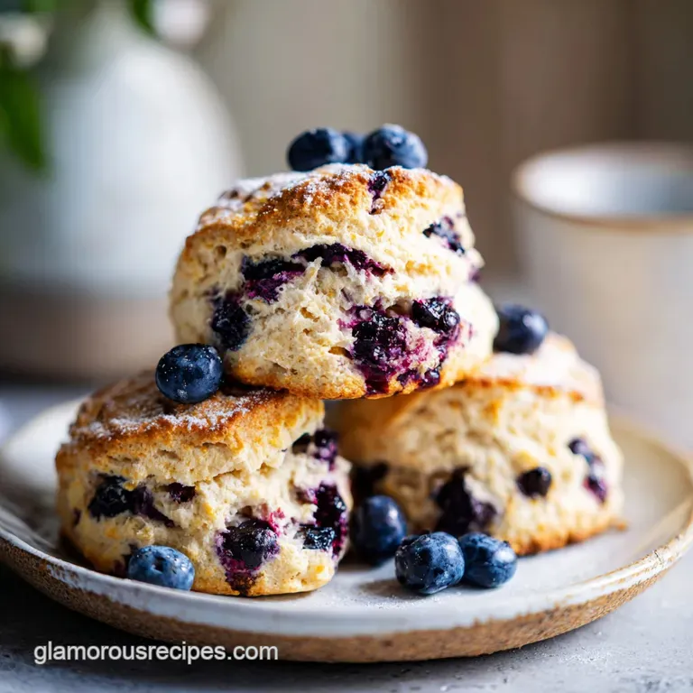 Warm, crumbly blueberry scone split open, revealing its moist interior. Served with a dollop of cream and scattered fresh ...