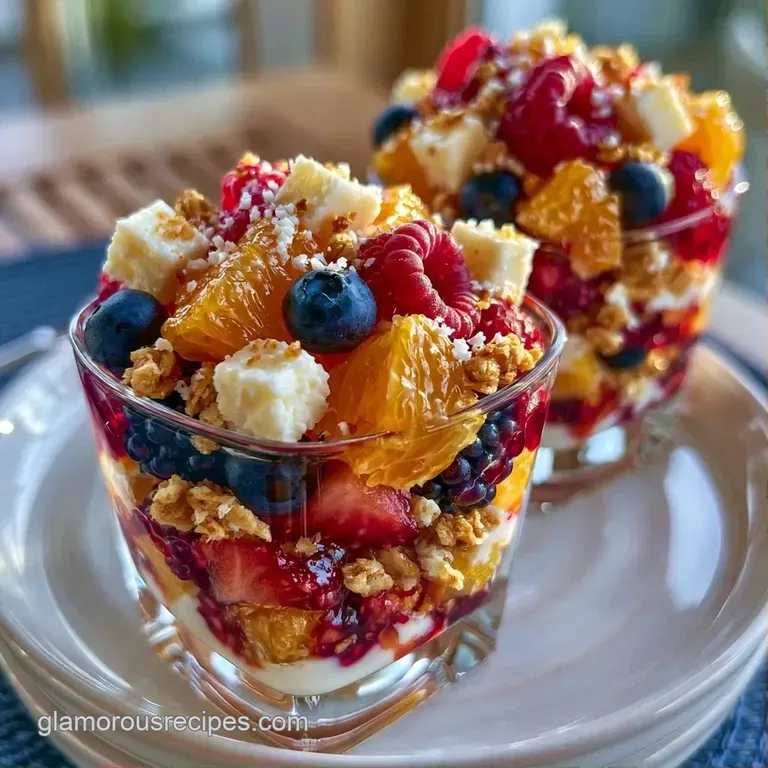 Assorted mini cups of fresh fruit and savory bites neatly arranged on a white platter for a bright morning brunch.
