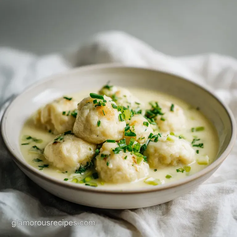 A spoonful of tender chicken and soft, pillowy dumplings glistening in a rich, velvety broth, garnished with fresh parsley.