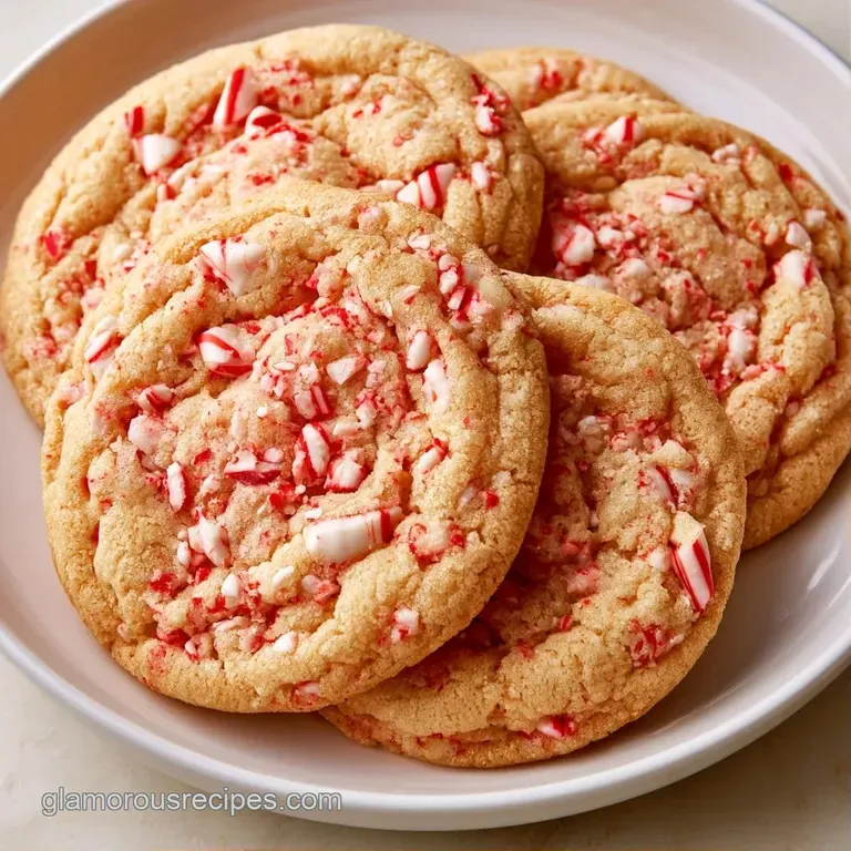 Red and white peppermint-swirled treats stacked neatly on a white porcelain plate with festive accents.