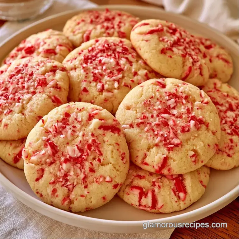 Piled white peppermint cookies with chocolate centers on a white ceramic tray accented by red holiday ribbons.