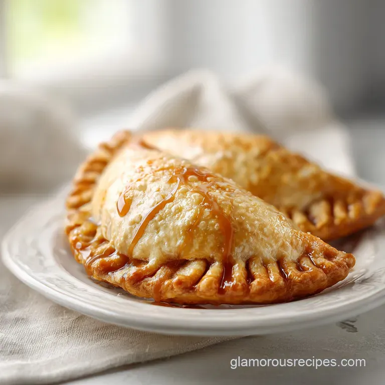 Caramel apple empanada plated with a scoop of vanilla ice cream, drizzled caramel, hints of cinnamon, a sweet dessert.