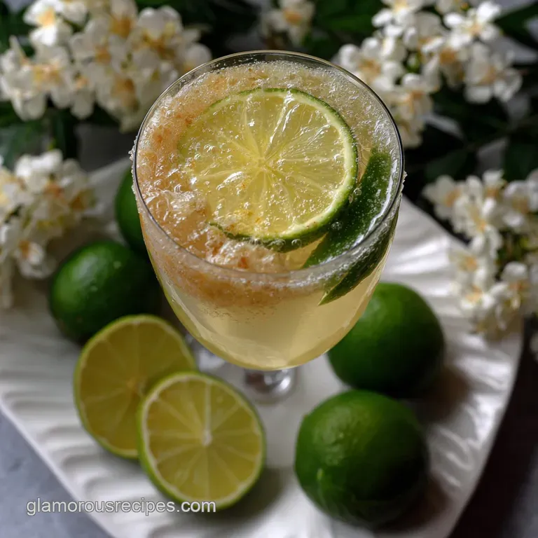Elegant flute overflowing with a sparkling golden beverage, accented by a delicate sugared rim, set against a festive, cel...