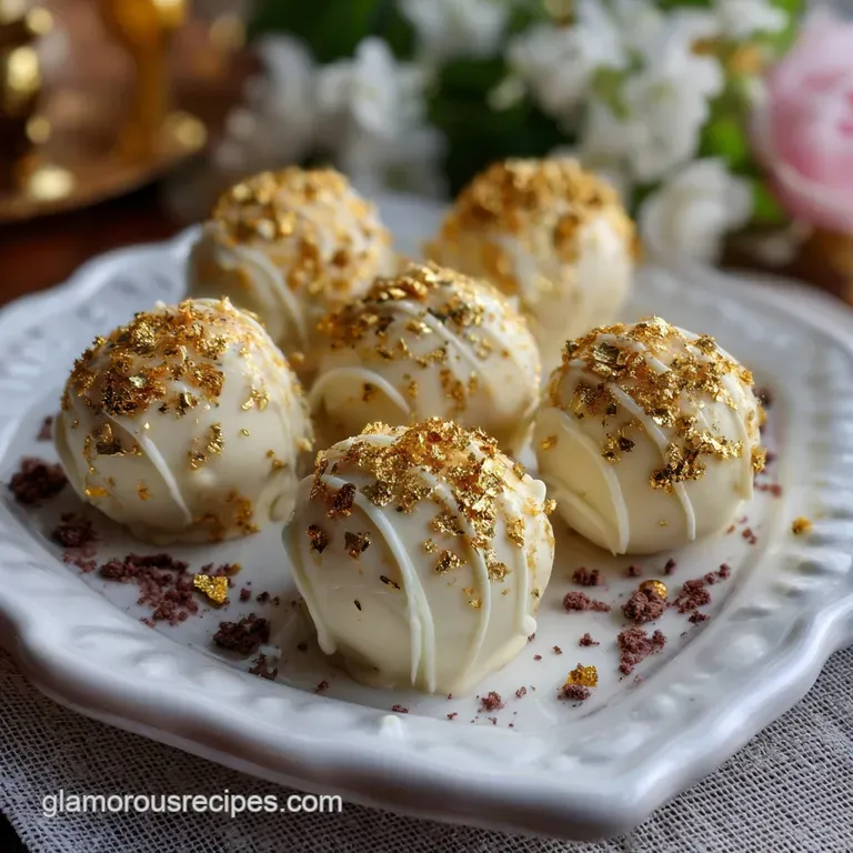 Elegant plate featuring a trio of truffles, drizzled with edible gold dust, beside a sprig of fresh mint for a refined touch.