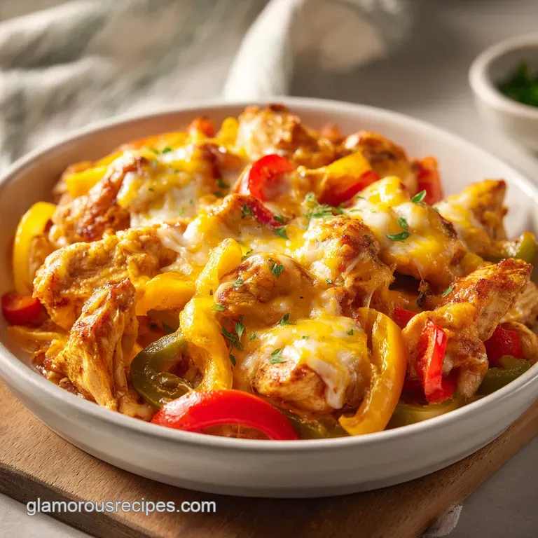 A forkful of cheesy baked chicken with tender vegetables, ready to be enjoyed.