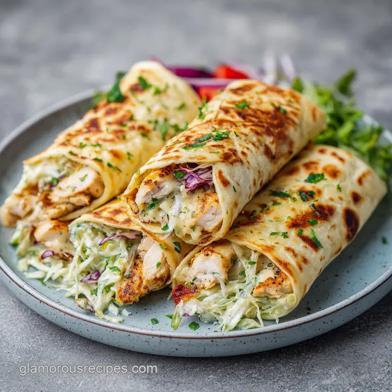 A stack of golden chicken wraps, lightly grilled, served with a side of fresh greens and a creamy dipping sauce.