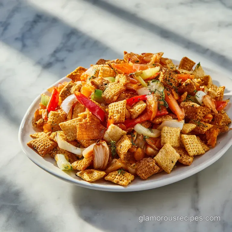 A rustic bowl overflowing with warm, glistening snack mix, perfect for sharing.