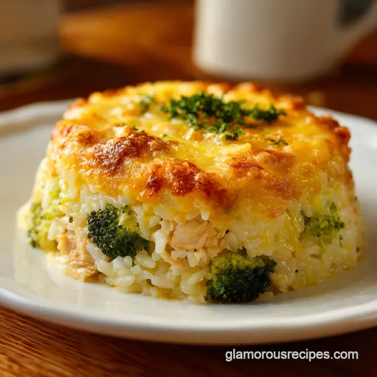 A neat square serving of cheesy chicken and broccoli rice on a white plate with a side of fresh parsley