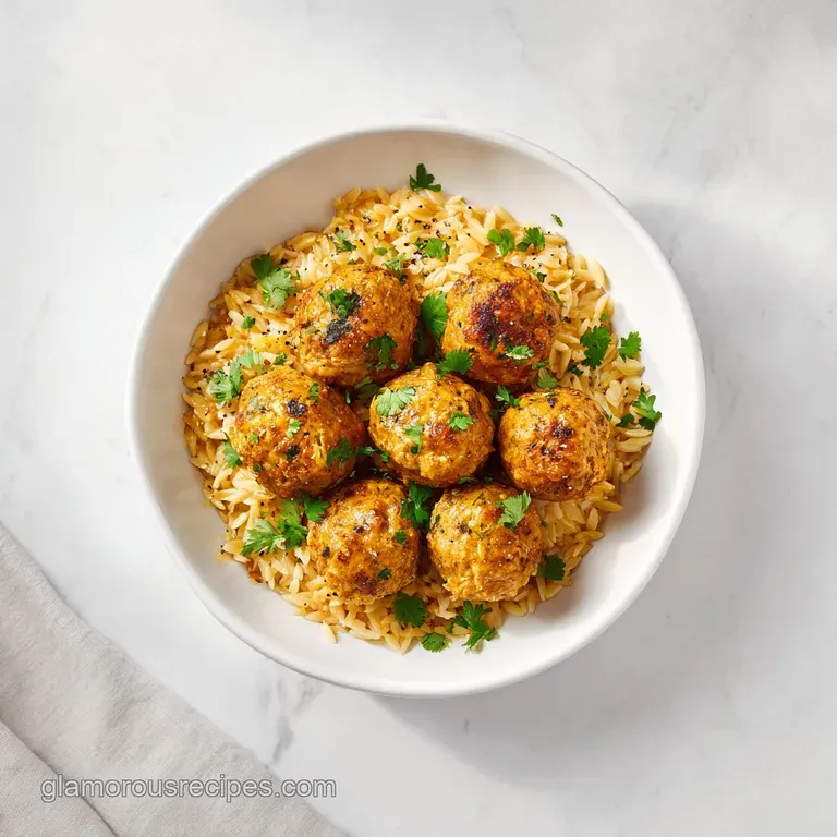 A single serving of glistening orzo and juicy chicken meatballs, elegantly plated and garnished with bright, fresh parsley...