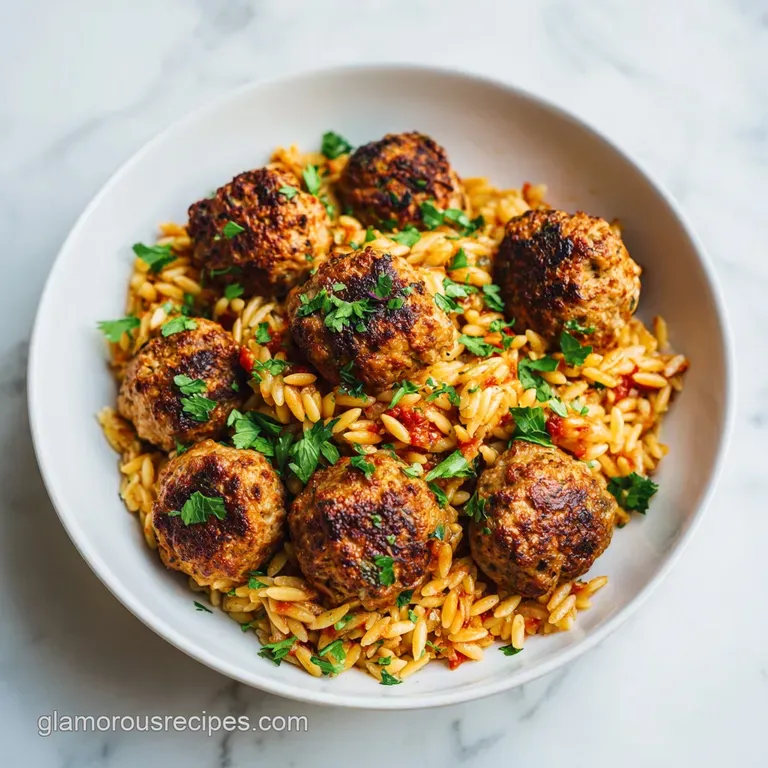 Chicken Meatballs with Orzo: One Pan Skillet