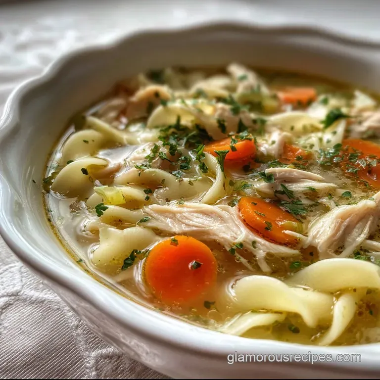 Steaming bowl of golden chicken noodle soup garnished with fresh parsley, alongside a crusty baguette slice.