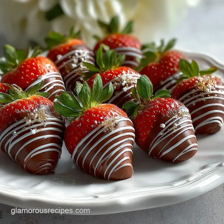 Elegant plate with dark chocolate strawberries showcasing a crisp, fractured shell, reflecting light with sugary shimmer a...