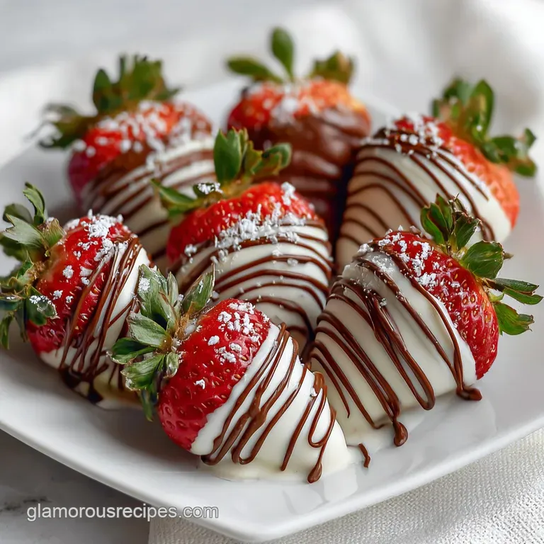 Overhead shot of glistening chocolate covered strawberries, some with a delicate, shattered chocolate shell, sprinkled wit...