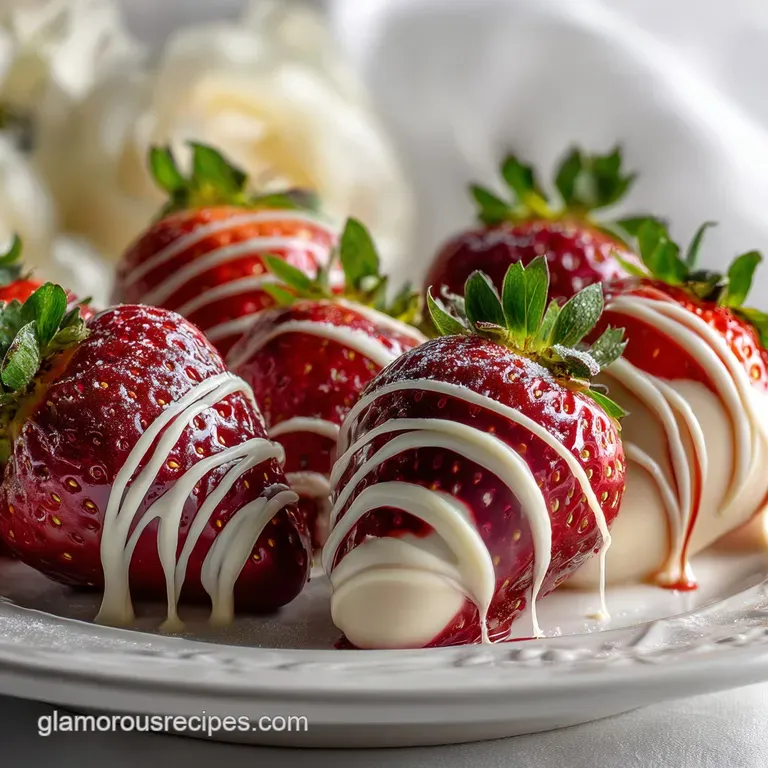 Elegant chocolate dipped strawberries displayed on a white plate; a scattering of chocolate shavings add texture and visua...