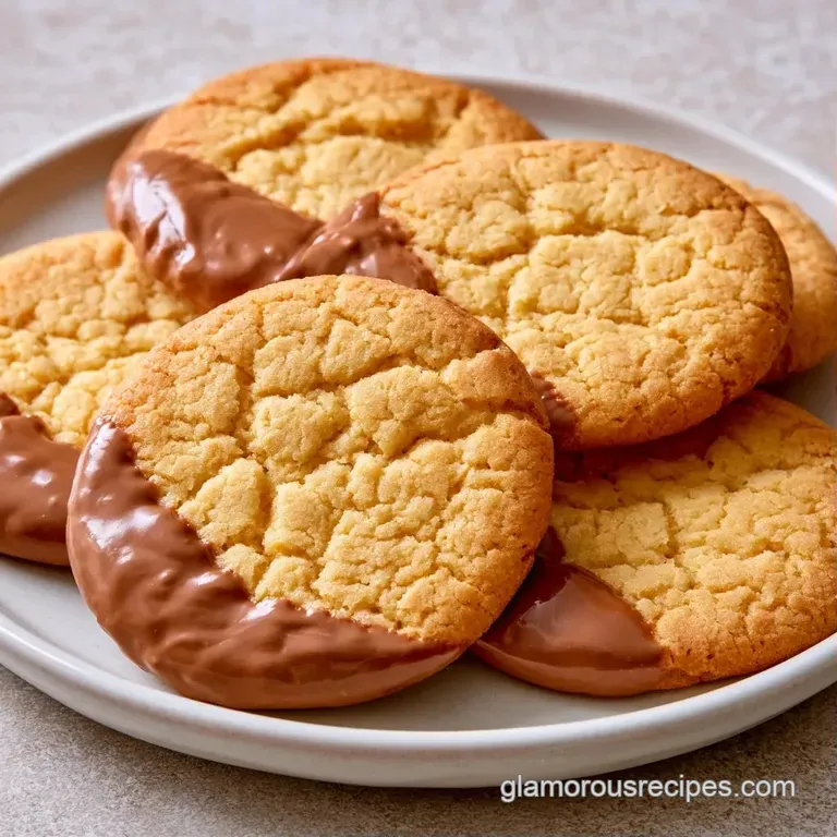 Neatly stacked golden cookies half-dipped in dark chocolate, arranged on a white marble platter with mint leaves.