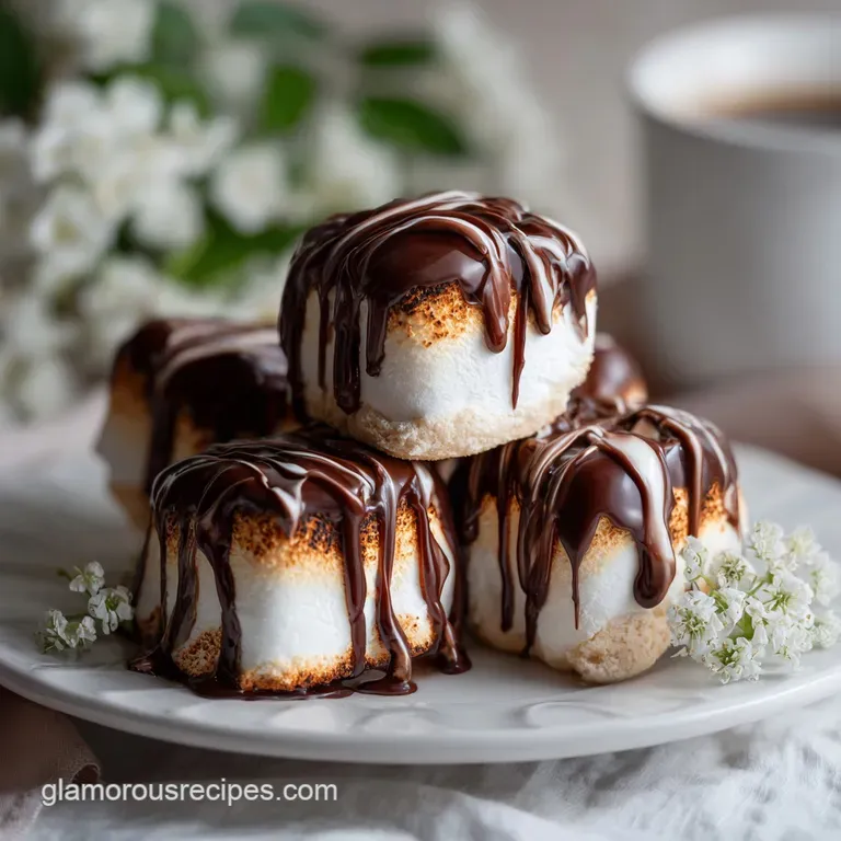 A tower of chocolate-dipped marshmallows glistening on a plate, sprinkled with edible glitter, hints of steam rising above.