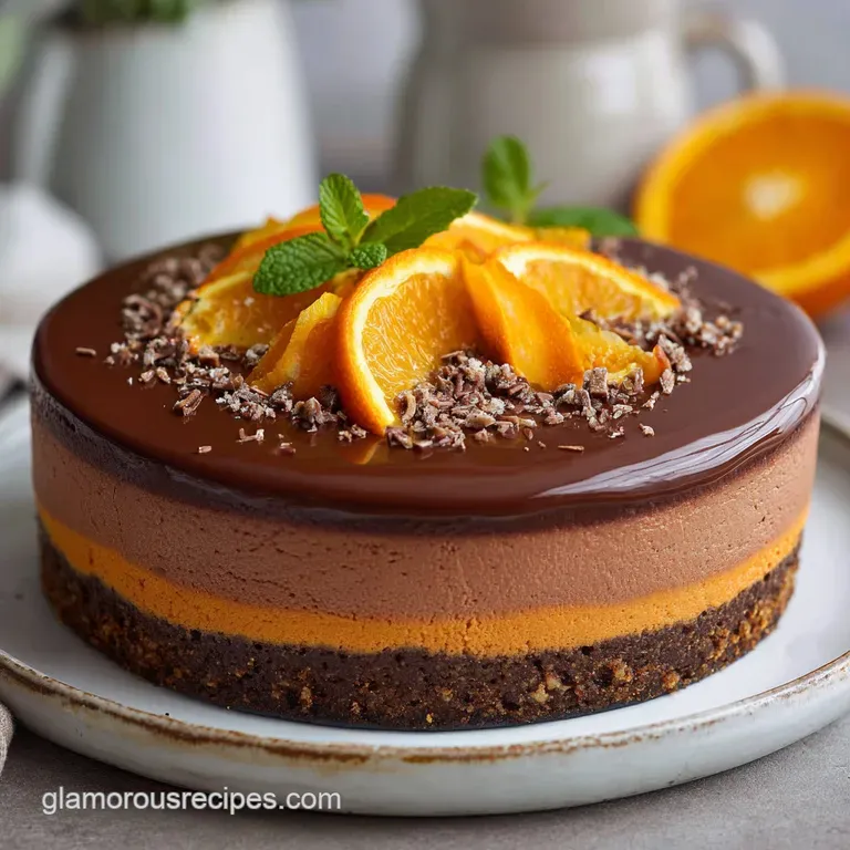 Slice of chocolate orange cheesecake with cocoa powder dusting. Citrus slice garnish on a clean white plate, inviting text...