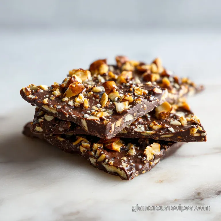 Thin, crisp toffee pieces artfully arranged on a dark slate with a dusting of cocoa powder