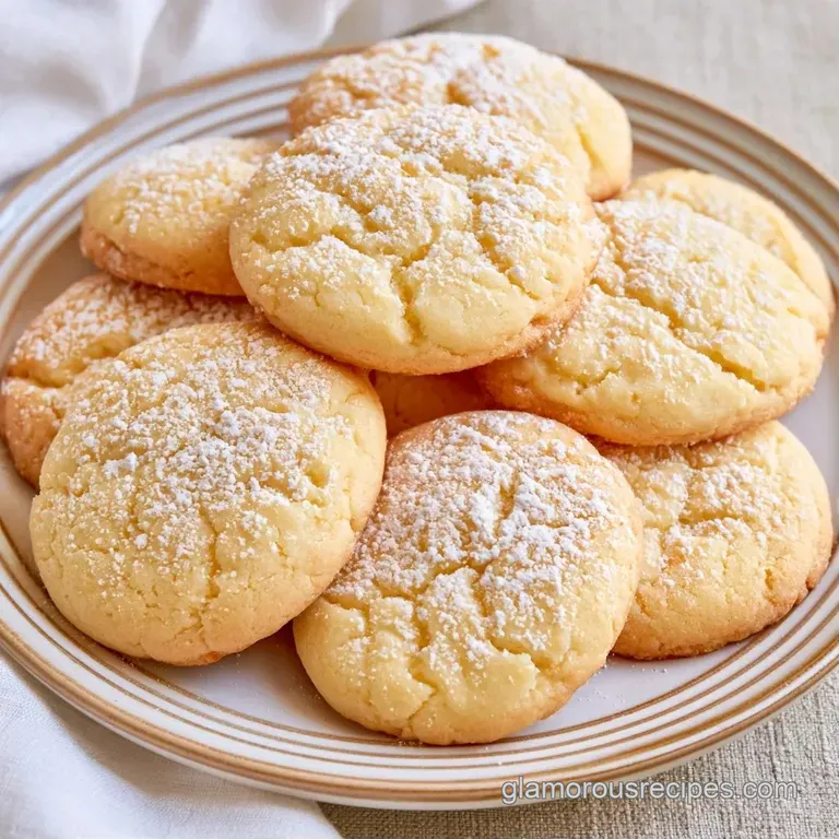 A neat stack of soft, buttery cookies on a white platter, garnished with fresh mint and bright red cranberries.