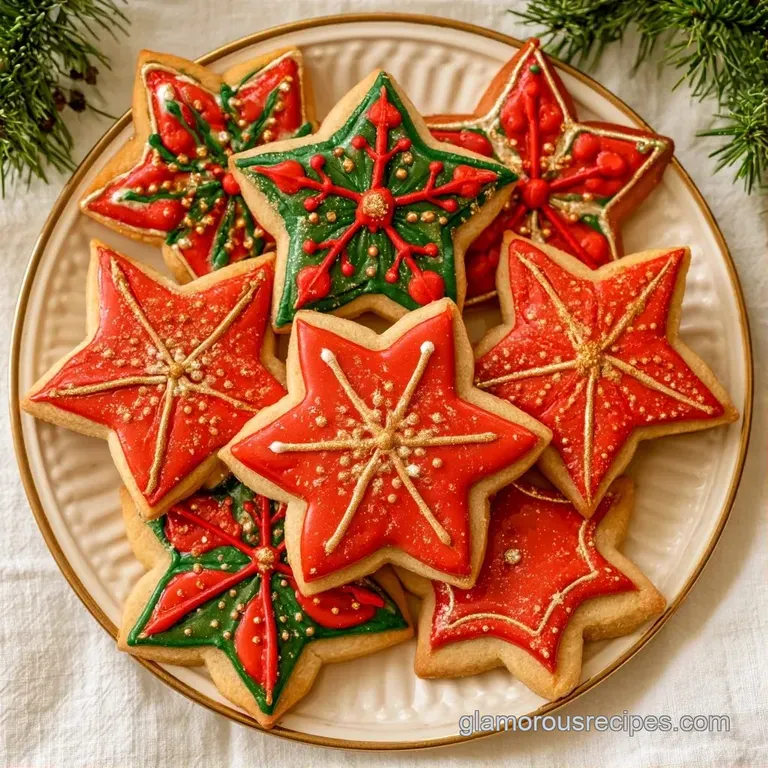 Assorted festive cookies with smooth, multicolored icing arranged neatly on a white ceramic platter with holly leaves.
