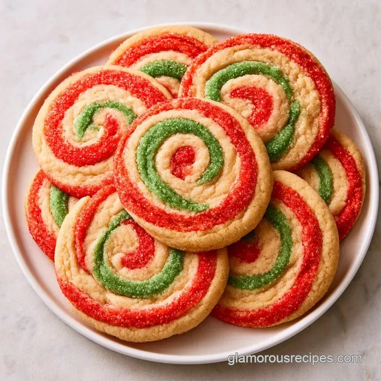 A platter of colorful spiral-patterned cookies arranged on a white ceramic plate with a festive red linen napkin.