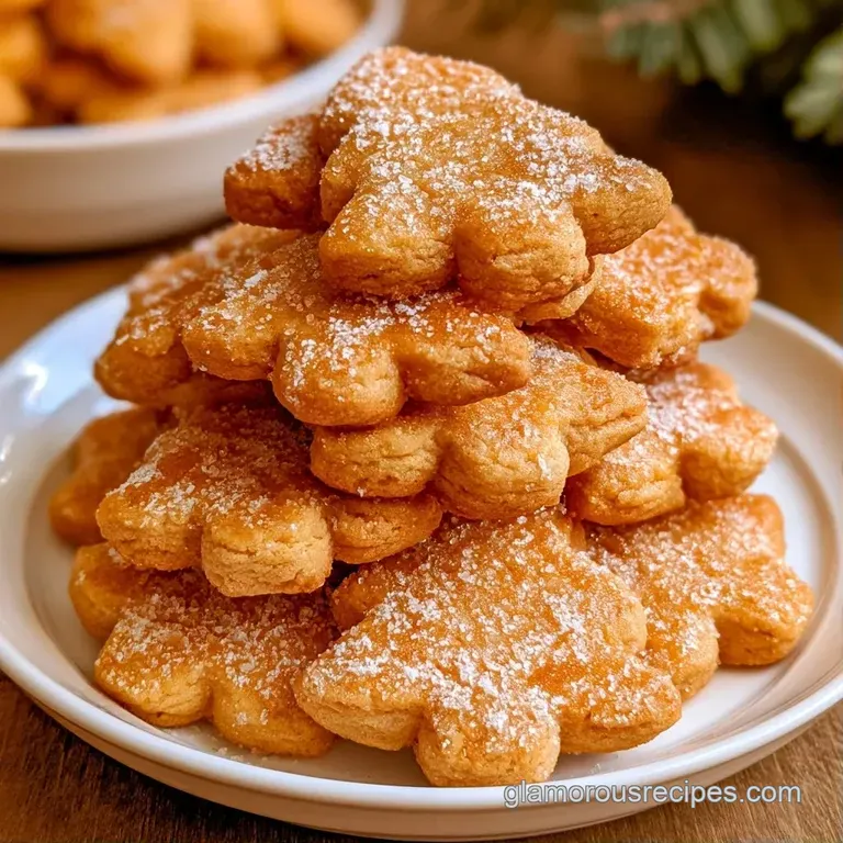 Festive tower of green frosted cookies on a white ceramic plate, topped with a tiny gold star and edible glitter.