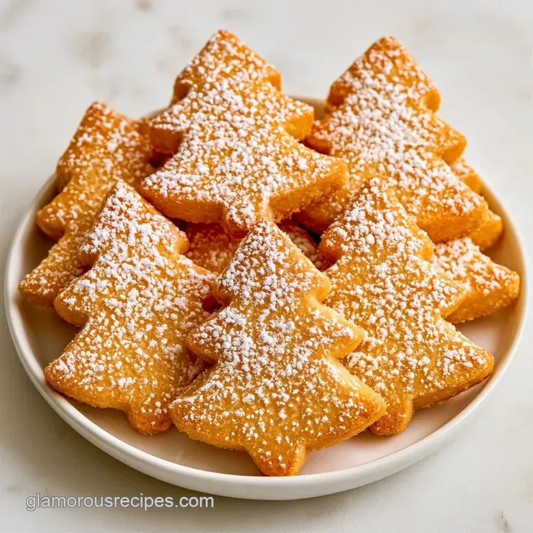 Neatly arranged tree-shaped buttery cookies on a white ceramic platter accented by fresh pine needles and red berries.