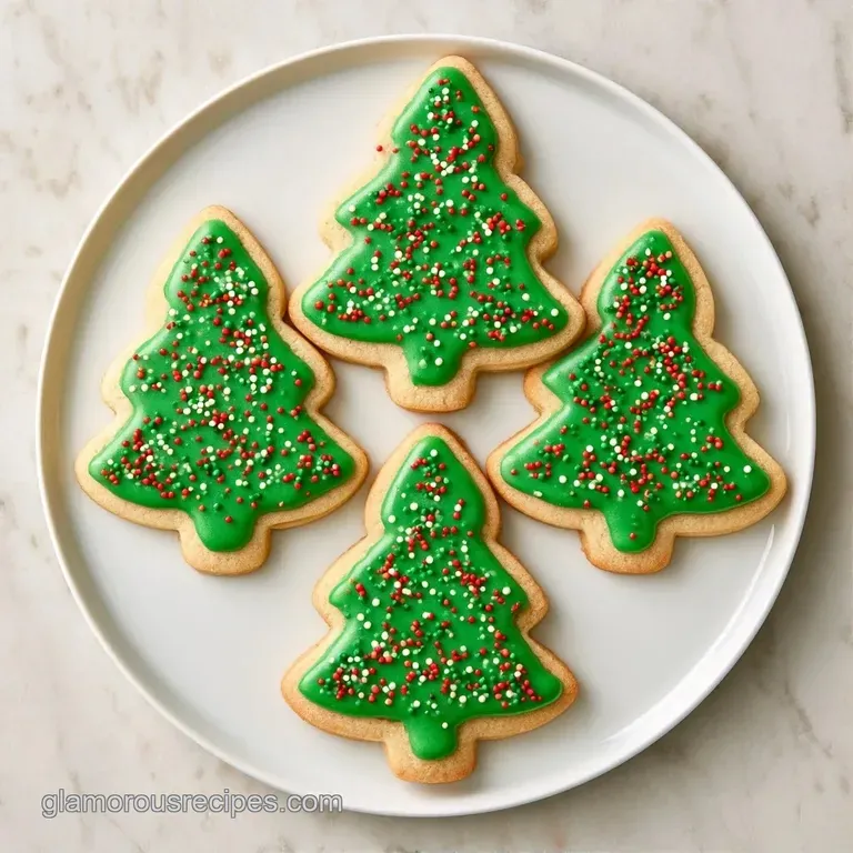 Emerald green tree-shaped treats arranged on a marble platter, accented by a dusting of fine powdered sugar.