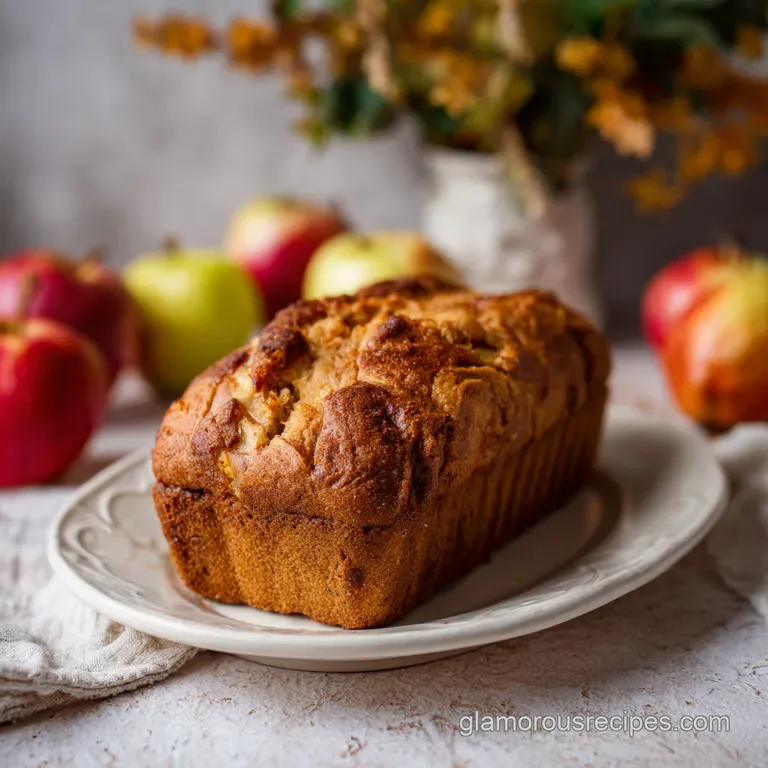 Slices of moist apple bread with cinnamon, stacked on a rustic plate. A dusting of powdered sugar and soft light.