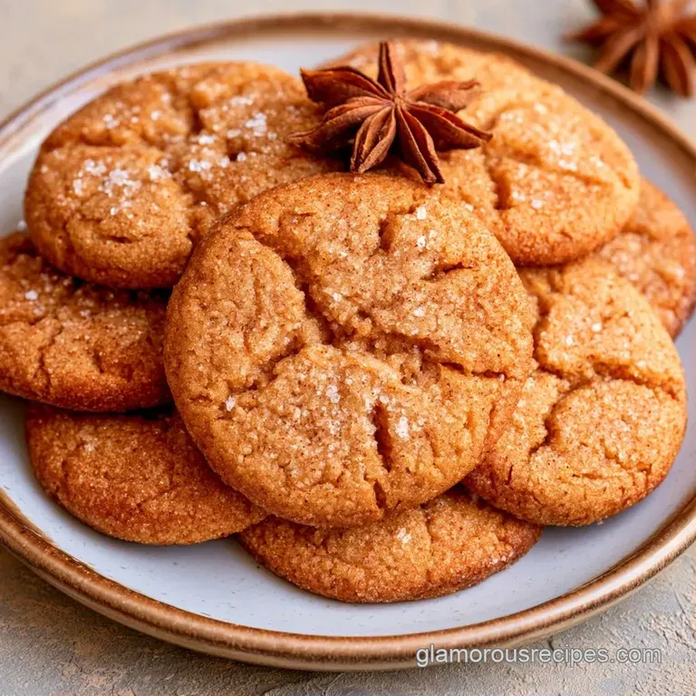 Golden-brown cinnamon cookies dusted with snowy powdered sugar, artfully arranged on a clean white ceramic plate.