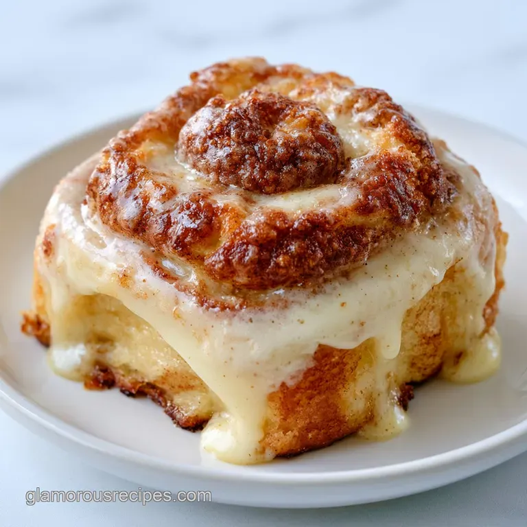A soft, gooey cinnamon pastry square on a white plate, drizzled with creamy icing and dusted with cinnamon.