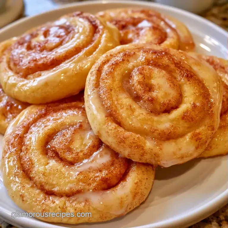 A stack of golden spiral cookies on a white ceramic plate, drizzled with icing and dusted with cinnamon sugar.