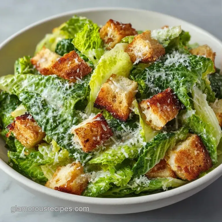 Vibrant green romaine leaves coated in a creamy glaze, plated in a modern bowl with golden toasted bread cubes.