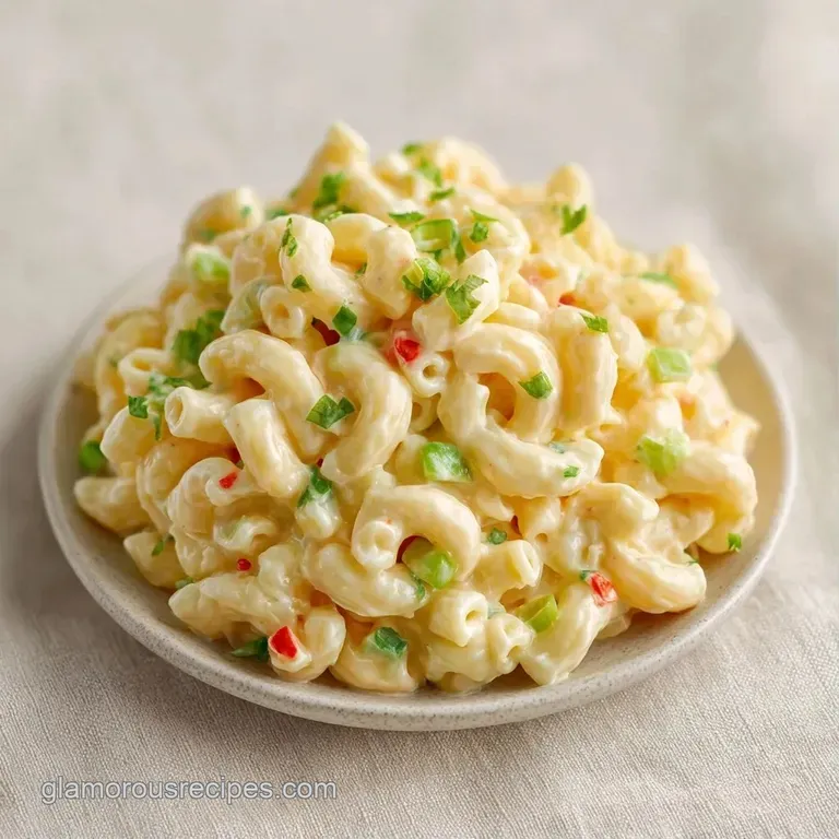 A chilled scoop of creamy pasta salad topped with fresh parsley, served on a modern matte black ceramic plate.