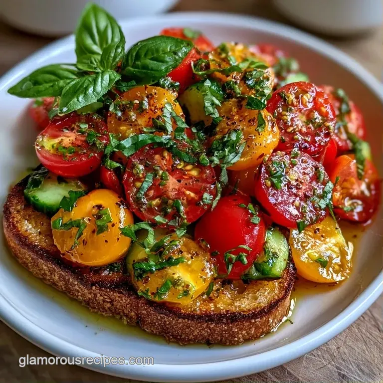 Toasted golden bread cubes tossed with juicy red tomatoes and green basil on a sleek, modern white ceramic plate.