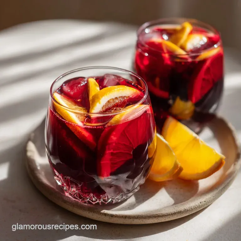 A tall glass of ruby-red sangria, overflowing with fresh orange, lemon, and apple wedges.