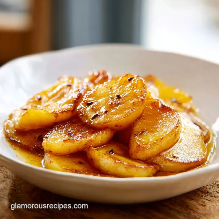 Glistening, tender apple slices artfully arranged on a white plate, dusted with cinnamon.