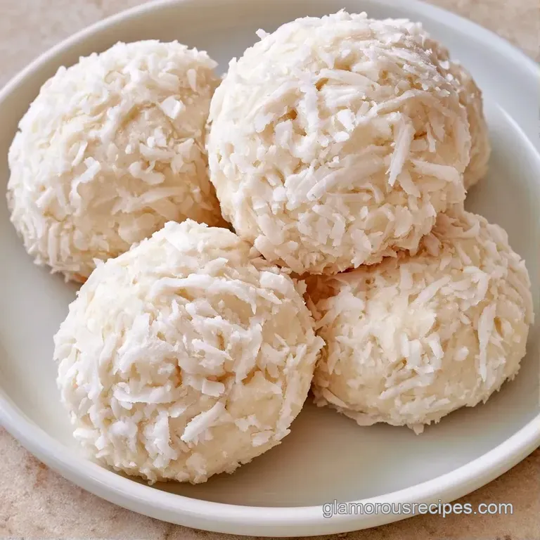 Pure white, round coconut treats arranged elegantly on a marble surface with a light dusting of powdered sugar.