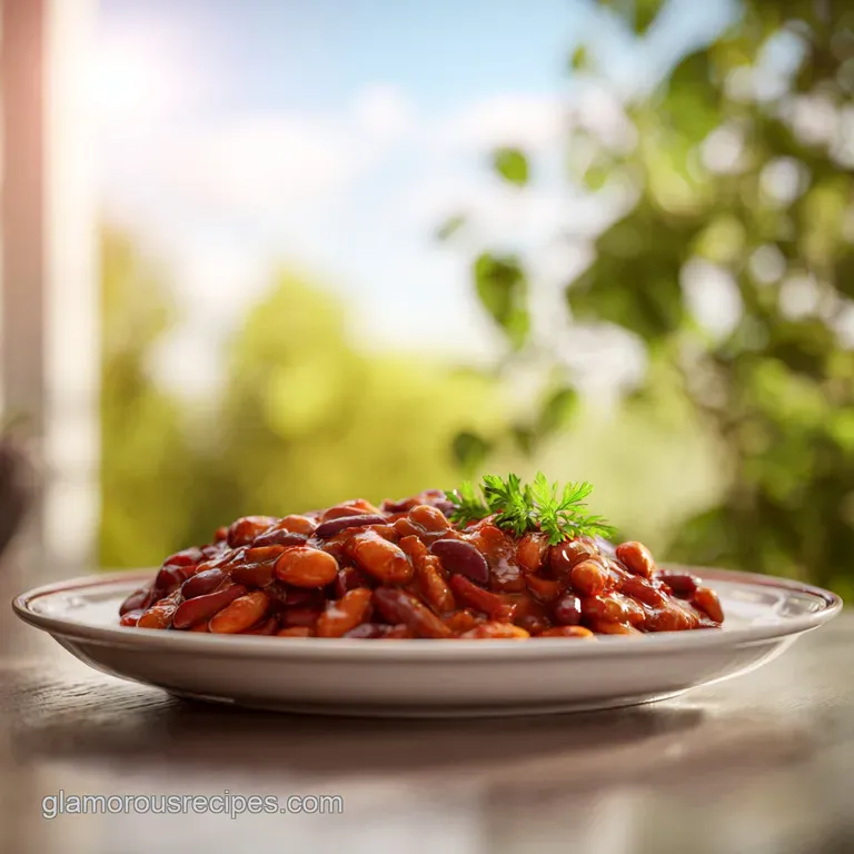 A heaping bowl of savory cowboy baked beans, studded with ground beef, alongside a cornbread muffin on a rustic plate.