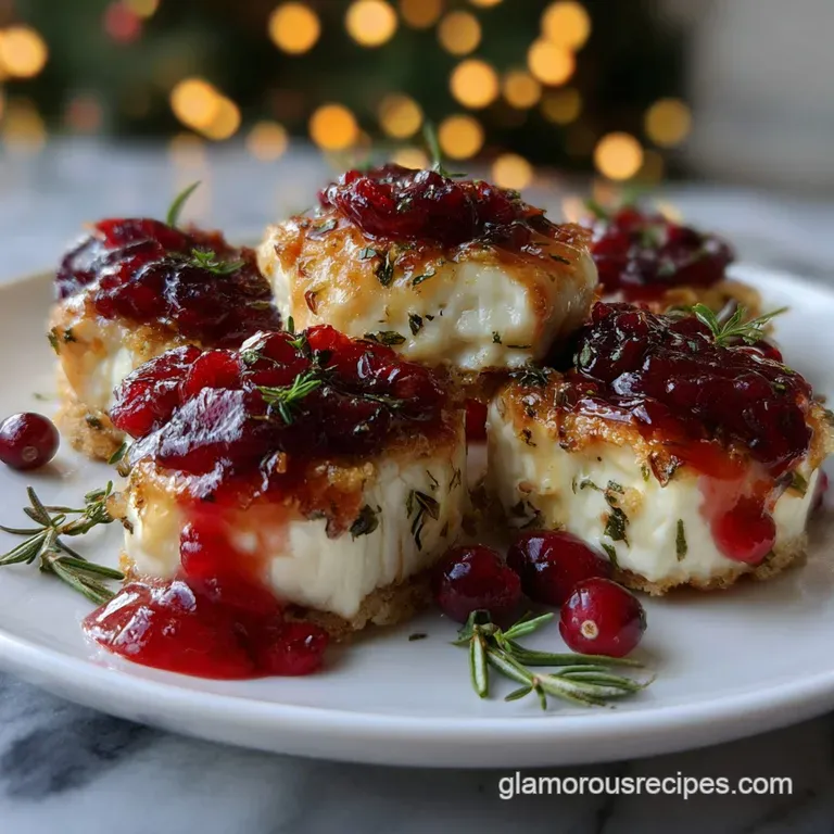 Elegant plate featuring golden-brown pastry rounds topped with bubbling brie and glistening cranberry compote. Perfect for...