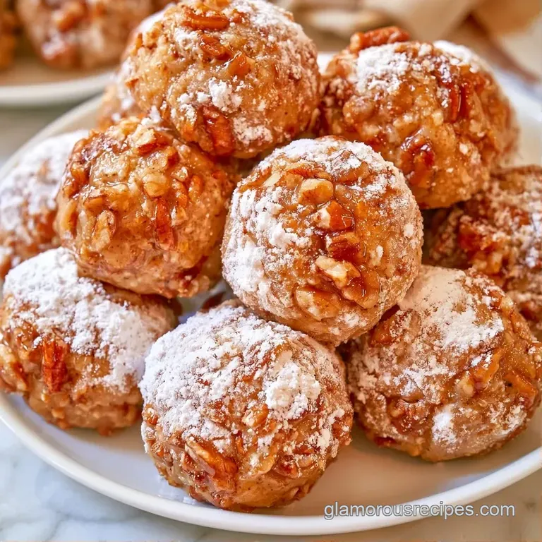 Snowy white dessert bites with toasted pecan bits artfully arranged on a gold platter with a mint garnish.