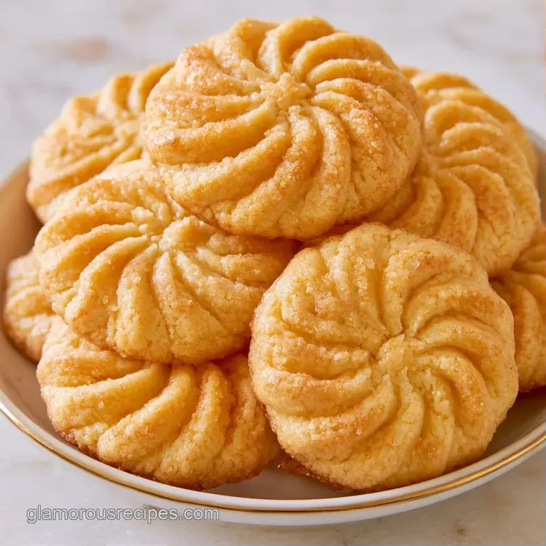 An elegant stack of pale gold, ridged cookies on a white porcelain platter with a dusting of powdered sugar.