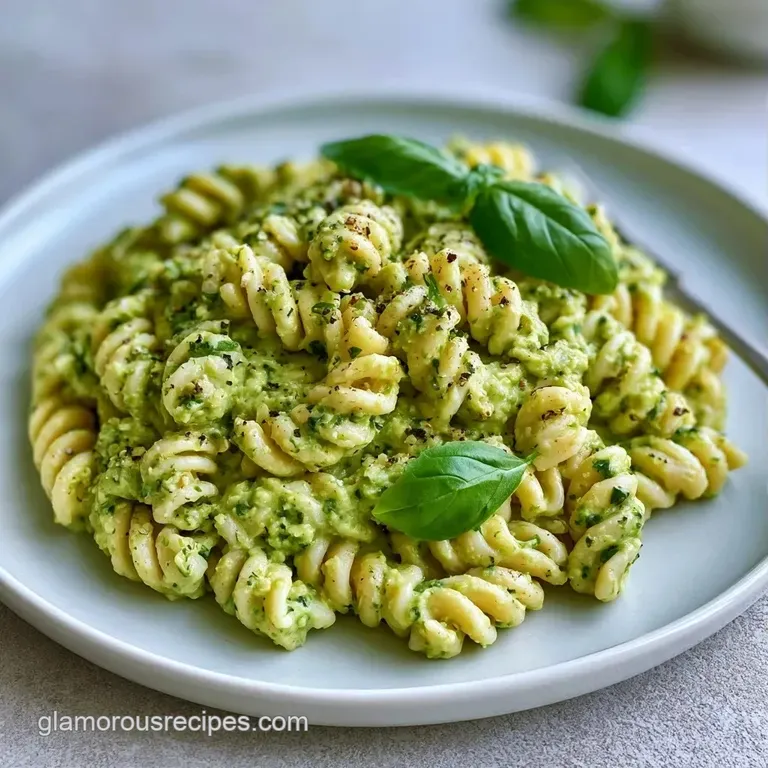 Elegant white bowl of creamy green pasta tossed with colorful diced vegetables and a sprinkle of fresh parsley.