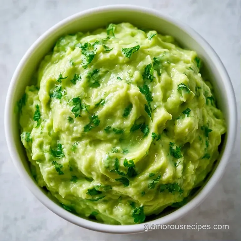 Neatly scooped pale green avocado salad on a white ceramic plate, garnished with microgreens and a drizzle of oil.