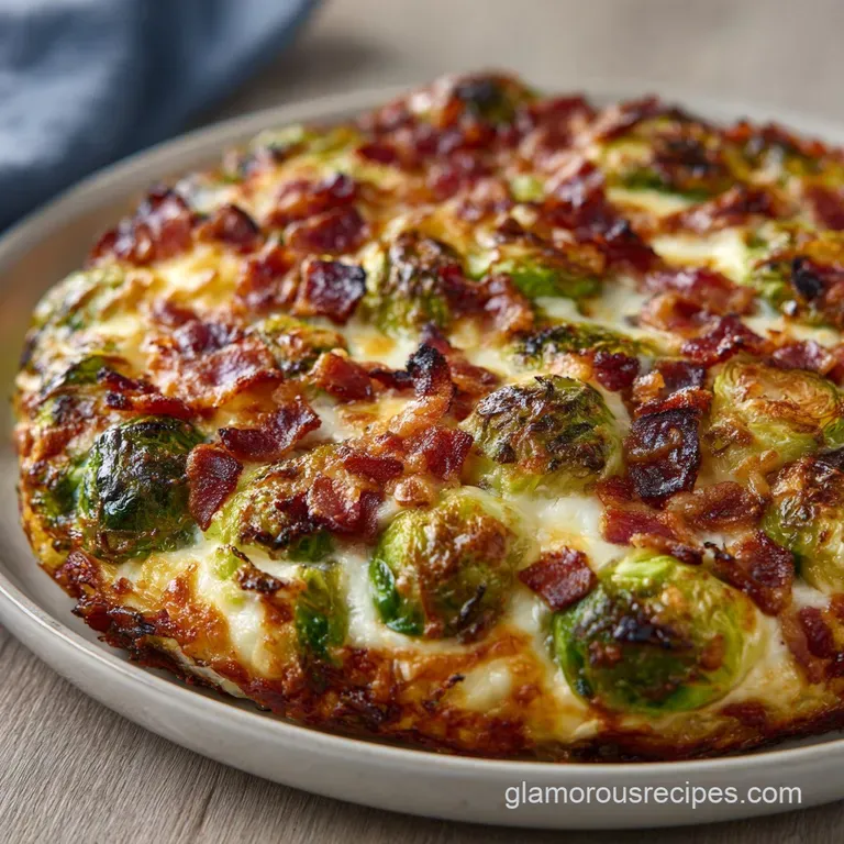 Golden charred sprouts and crispy bacon bits served in a white ceramic dish, topped with a pinch of fresh parsley.