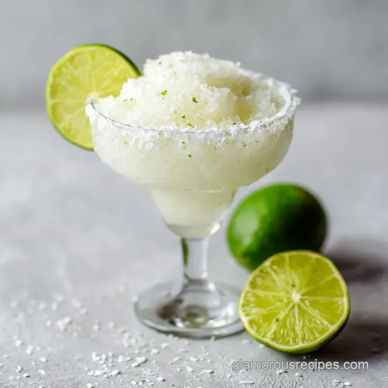 A frosted glass brimming with a pale green coconut margarita, garnished with a lime wheel and a sprinkle of shredded coconut.