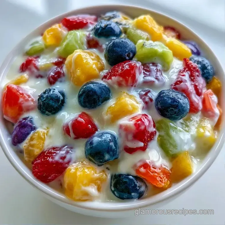 Bright fruit pieces in an elegant glass bowl topped with a mint leaf and coated in a smooth, creamy glaze.